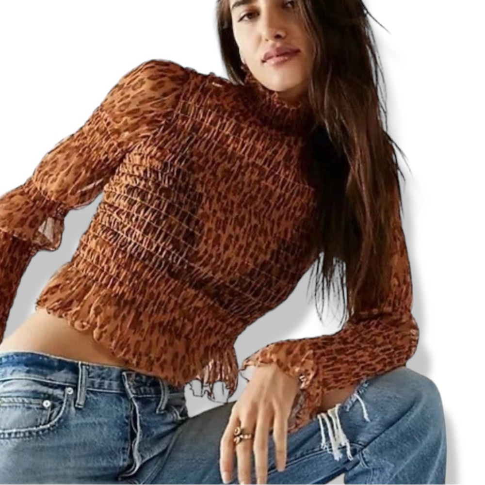 Free People Sheer “Hello There” Cleopard Combo Top SM - Picture 3 of 13